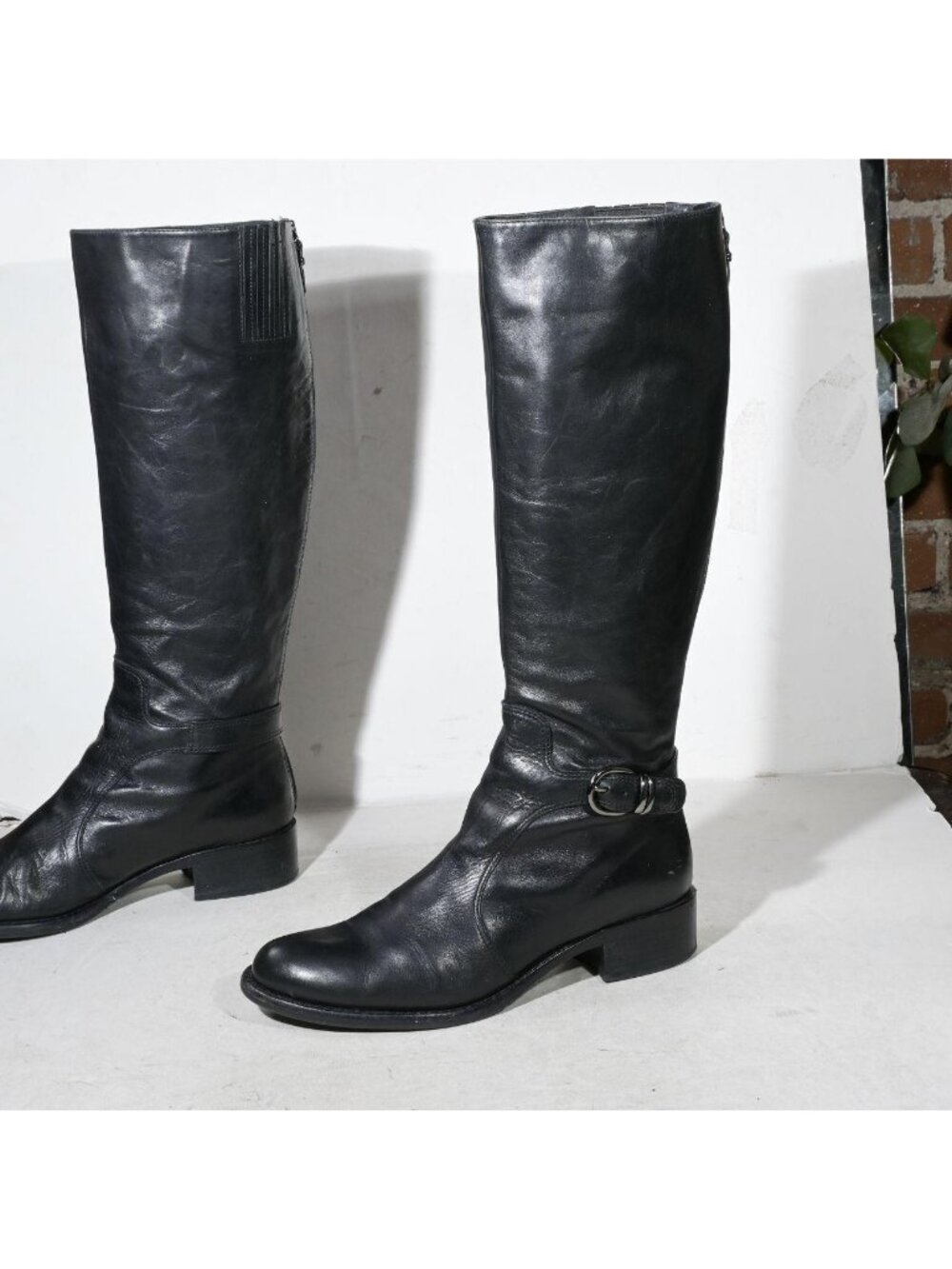 Via Spiga Black Leather Tall Moto Boots with Buckle